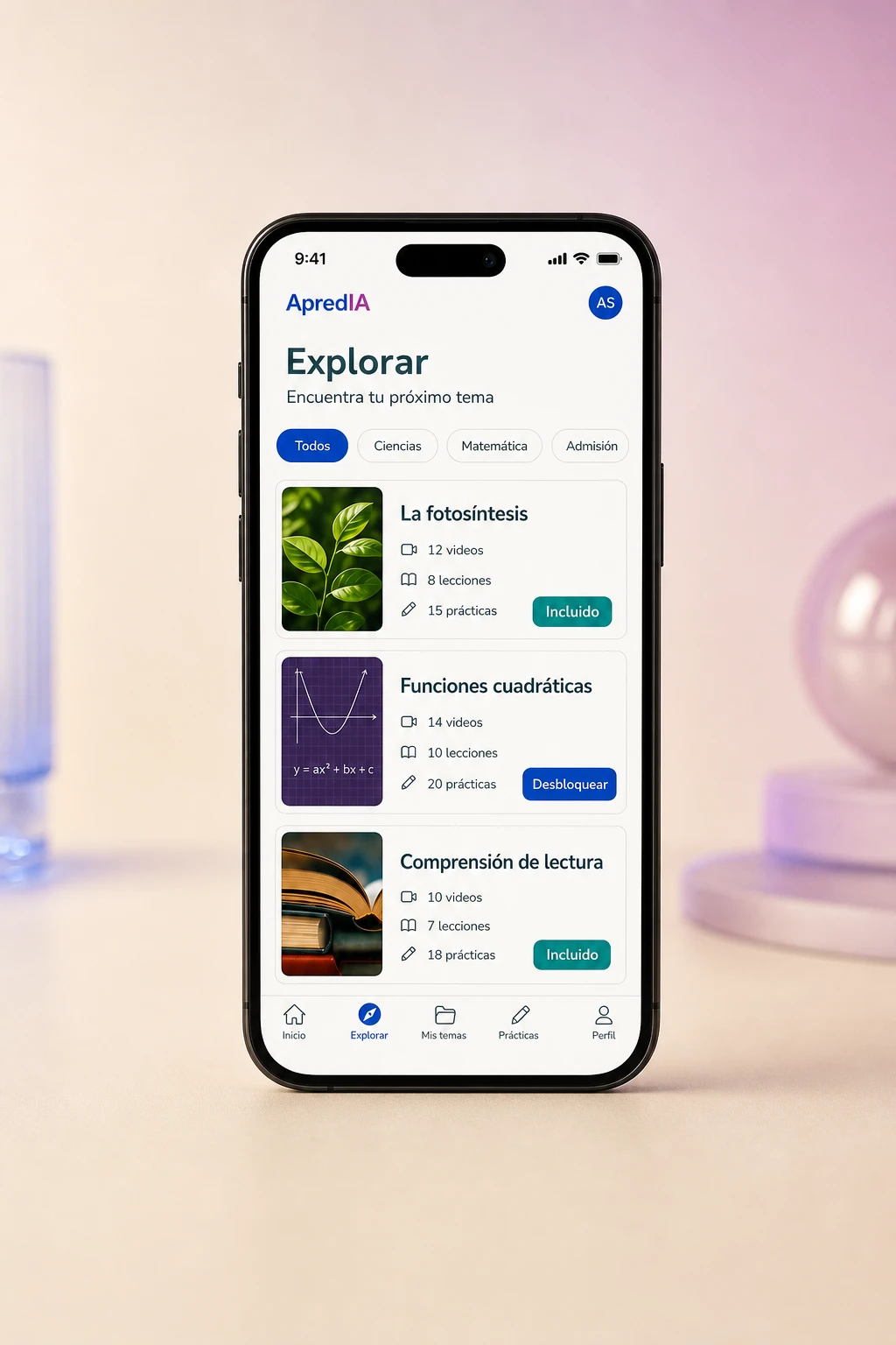 ApredIA Explore screen with science, mathematics, and reading comprehension topics