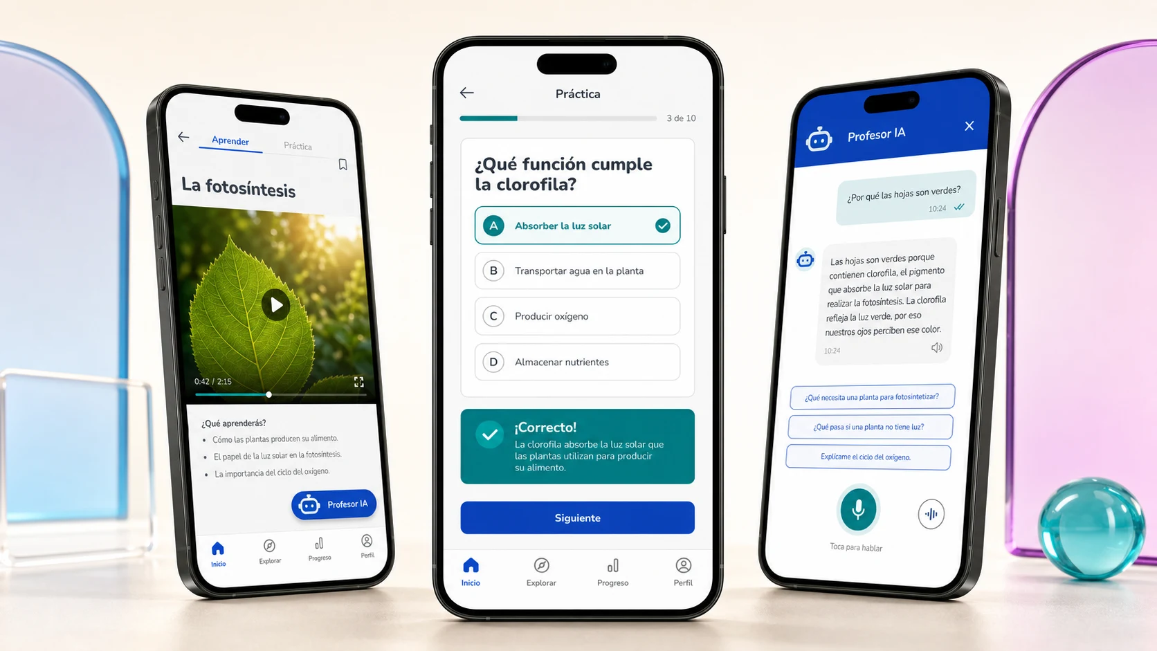 Three ApredIA screens showing a photosynthesis lesson, a practice question, and an AI Tutor chat