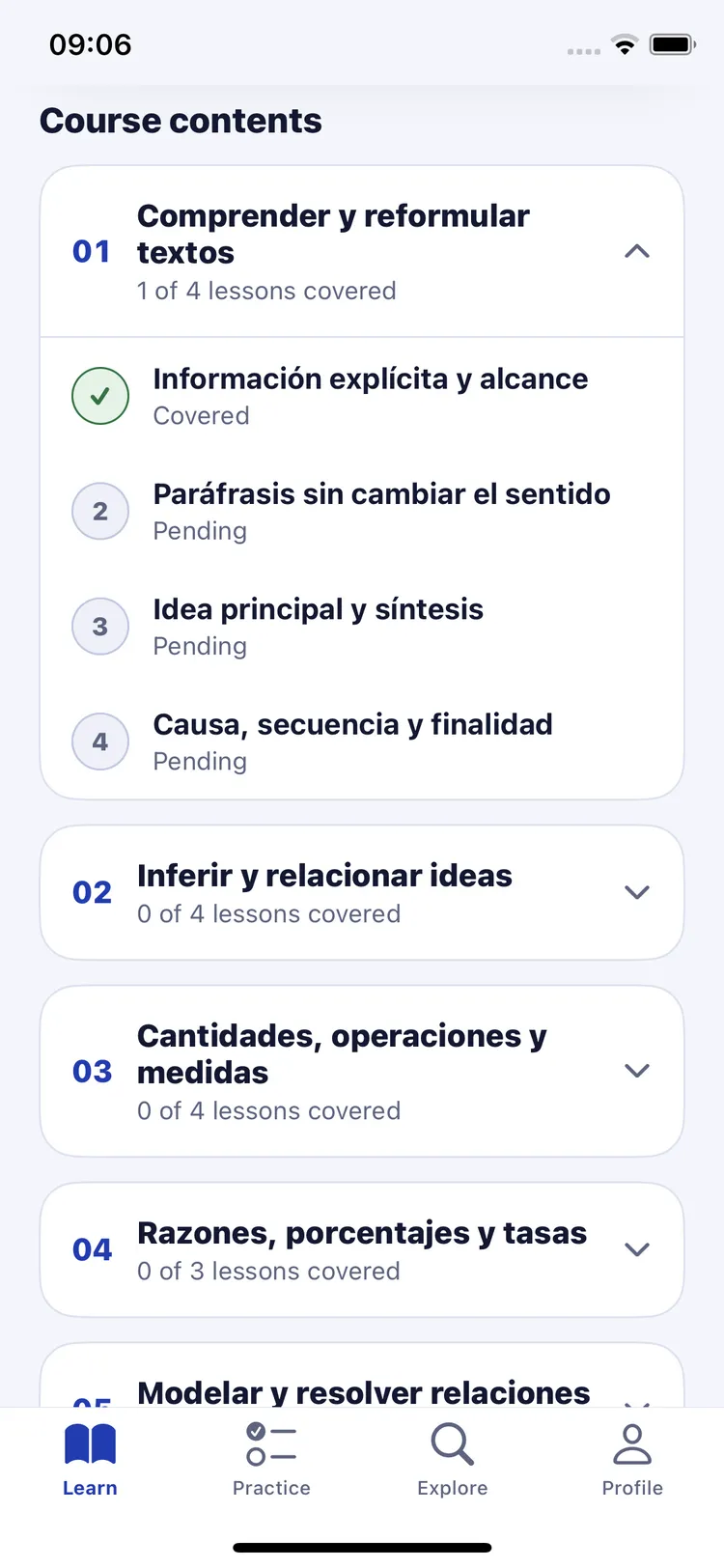 Course contents with topics and covered lessons