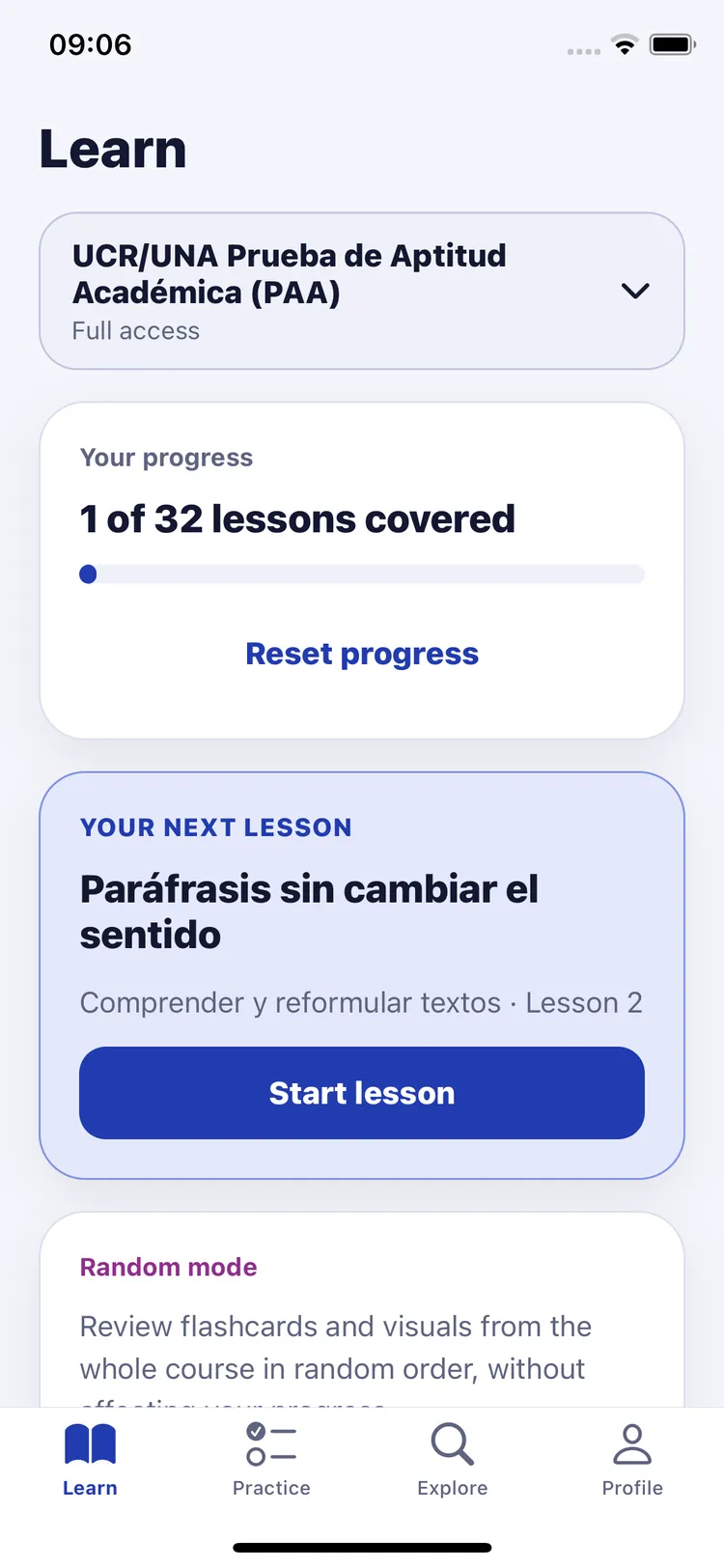 Learn screen with exam progress and the next lesson