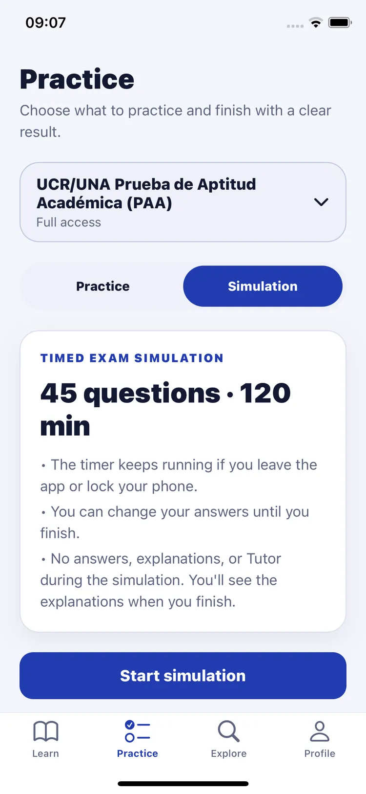Timed exam simulation with 45 questions in 120 minutes