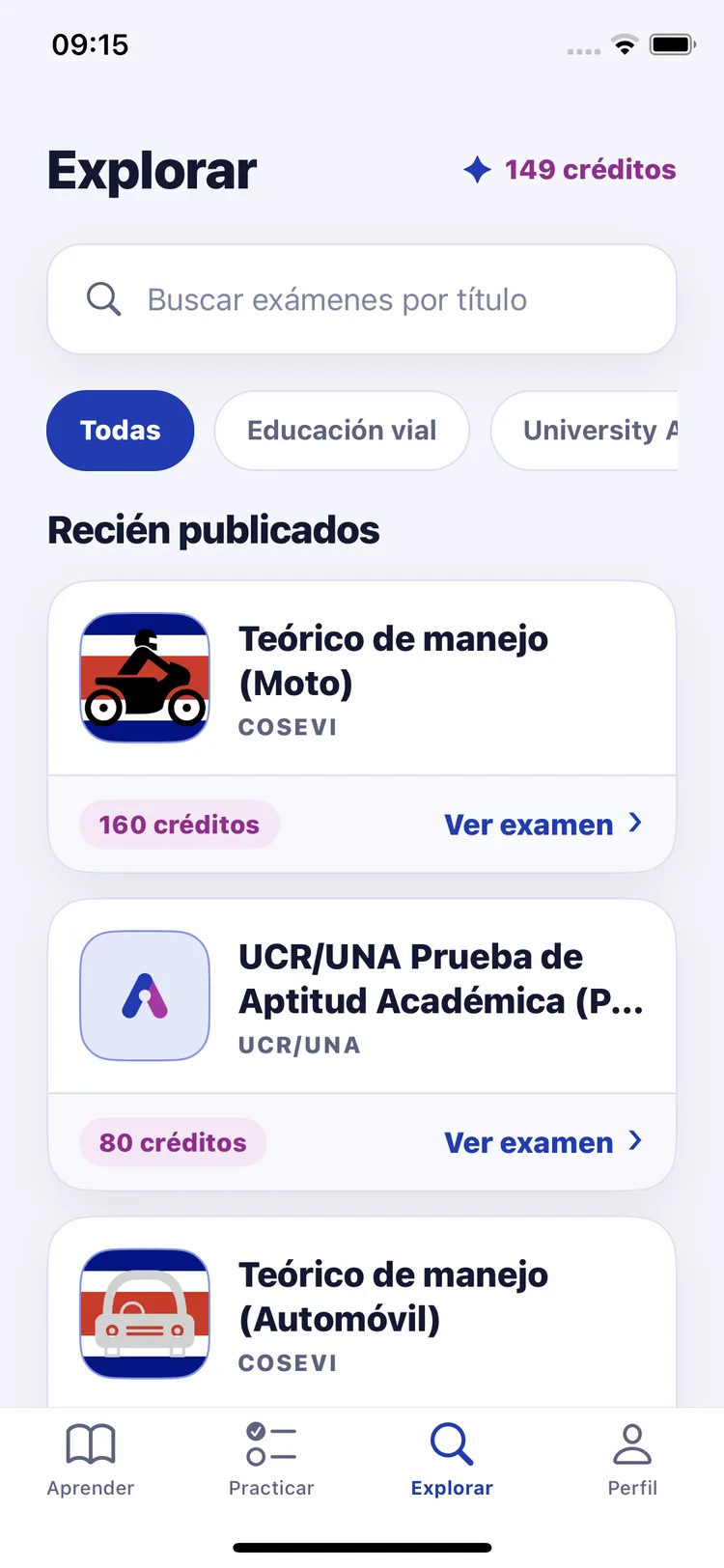 Catálogo de exámenes con búsqueda, categorías y precio en créditos