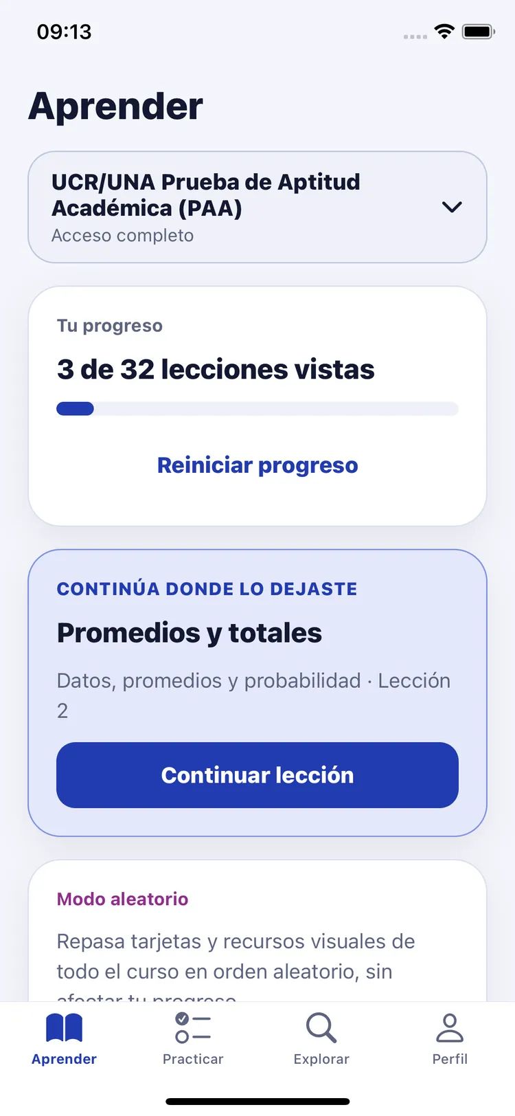 Pantalla Aprender con el progreso del examen y la lección para continuar
