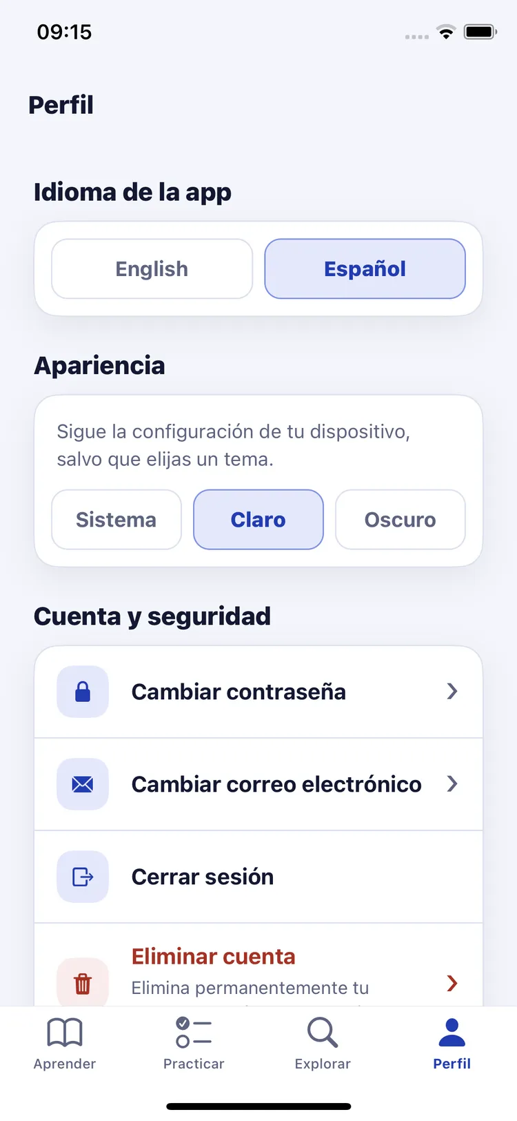 Perfil con idioma, apariencia y opciones de cuenta